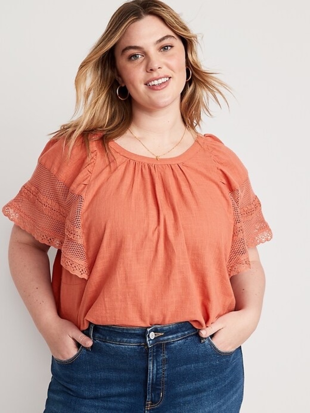 Old Navy Terracotta Cotton Crochet Lace Flutter Sleeve Boho Blouse Large‎